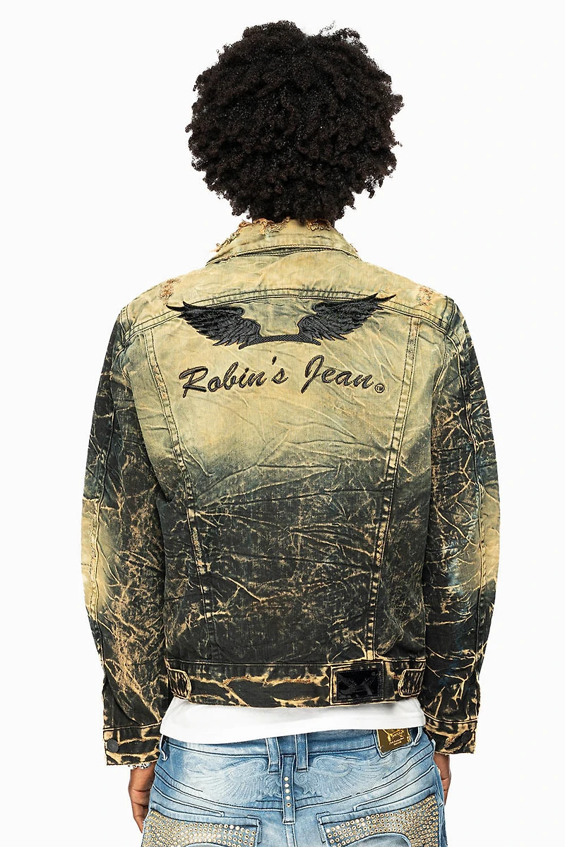 MENS DENIM JACKET LIGHT YELLOW 4D DARK PERU  WASH WITH BLACK WINGS