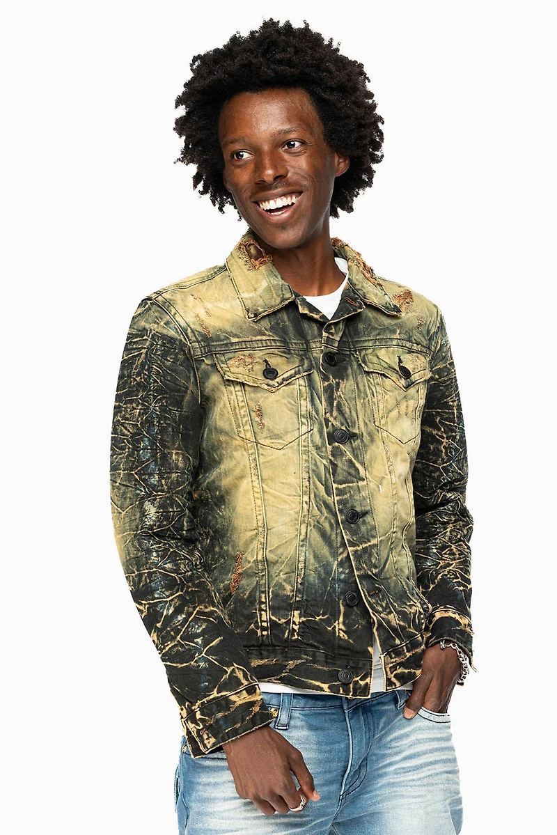 MENS DENIM JACKET LIGHT YELLOW 4D DARK PERU  WASH WITH BLACK WINGS