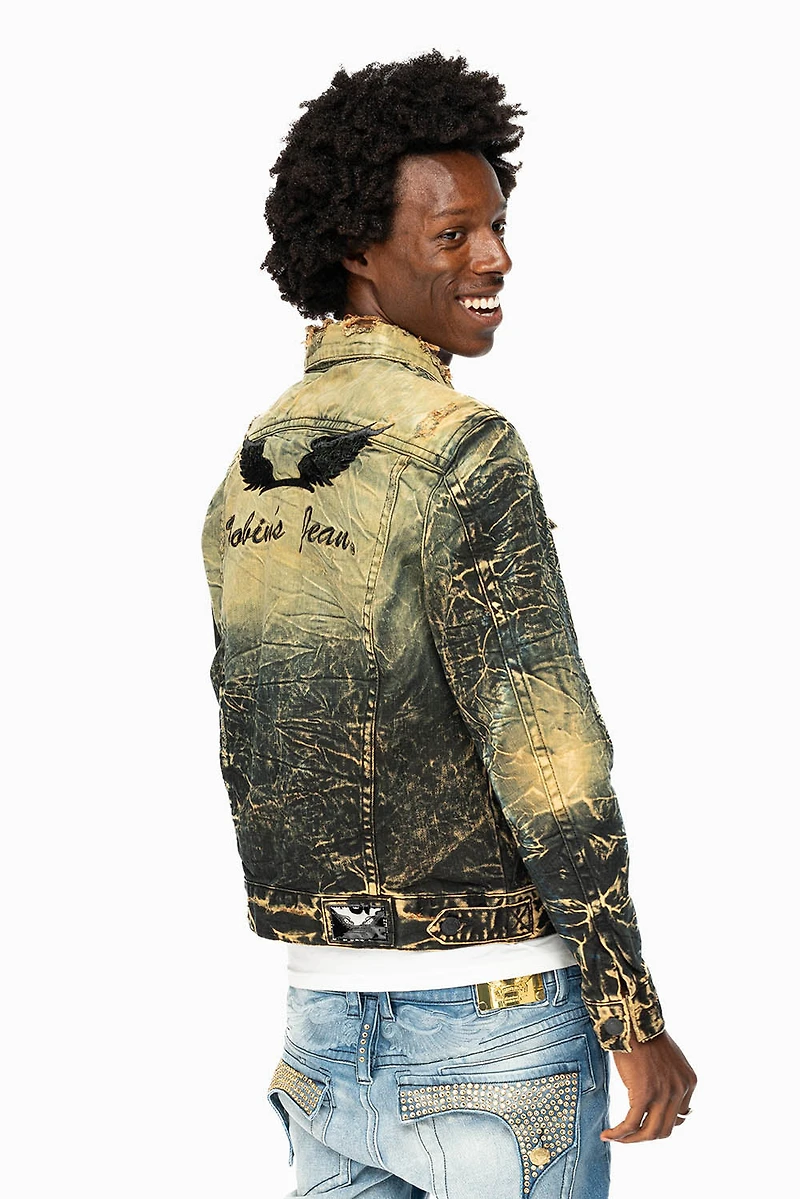 MENS DENIM JACKET LIGHT YELLOW 4D DARK PERU  WASH WITH BLACK WINGS