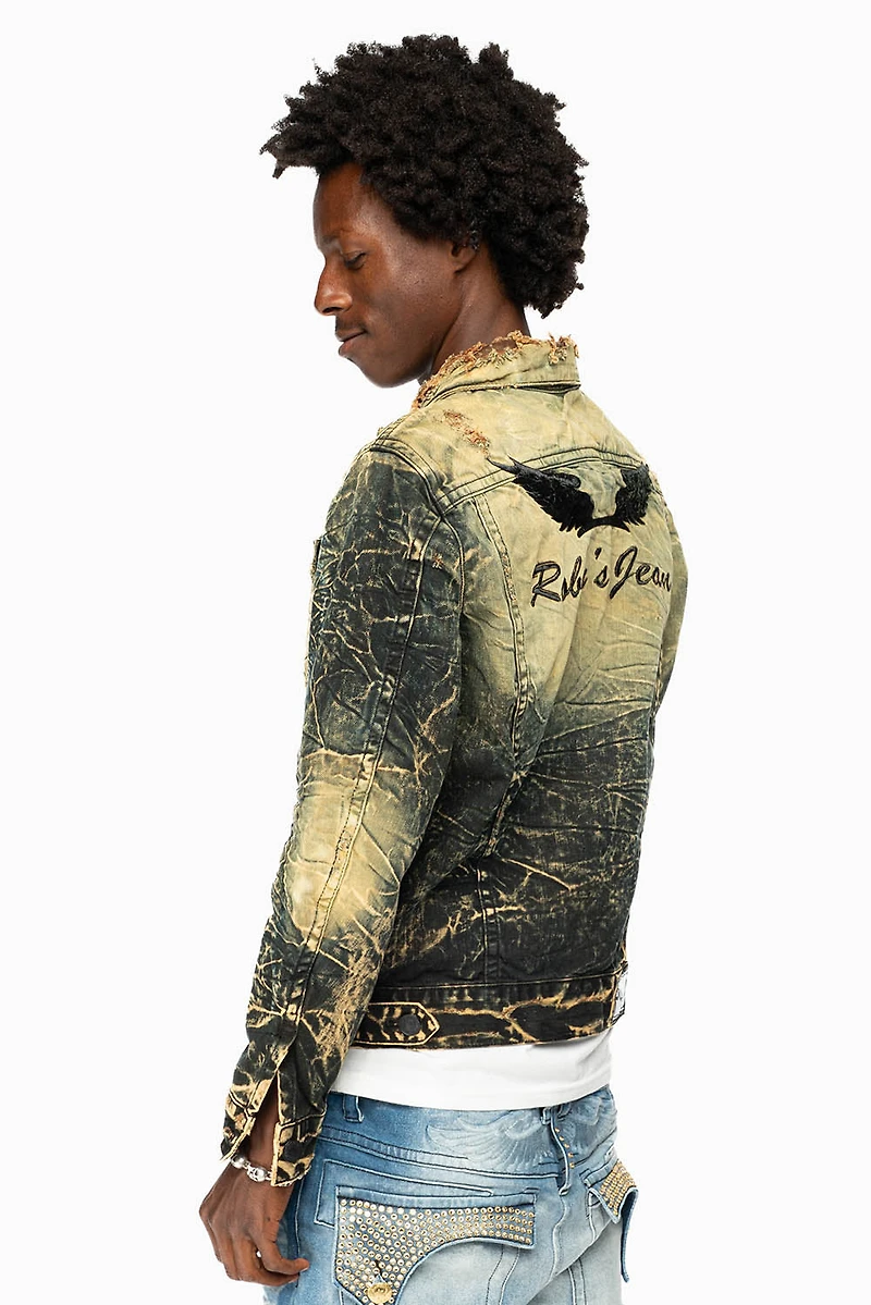 MENS DENIM JACKET LIGHT YELLOW 4D DARK PERU  WASH WITH BLACK WINGS