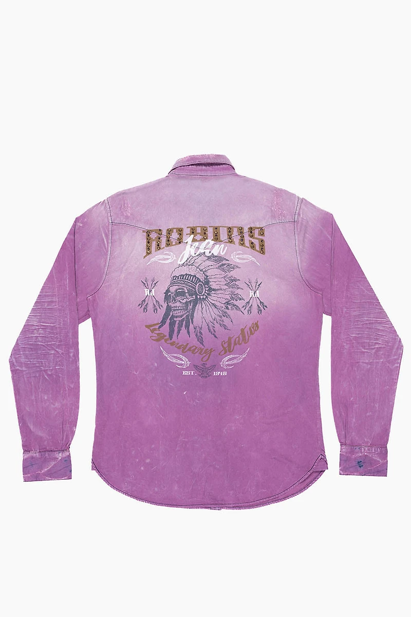 WESTERN NATIVE AMERICAN STYLE MENS DESTROY DENIM SHIRT MONTECITO EMBELLISHED WITH CRYSTALS AND STUDS