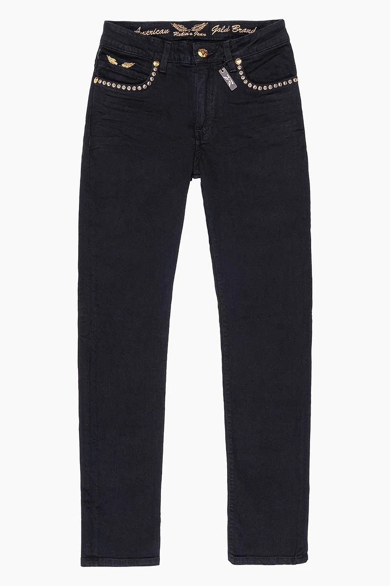 SKINNY JEAN PURE BLACK WITH GOLD/SILVER  ROBIN’S LOGO EMBELLISHED GOLD NAILHEAD STUDS