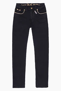 SKINNY JEAN PURE BLACK WITH GOLD/SILVER  ROBIN’S LOGO EMBELLISHED GOLD NAILHEAD STUDS