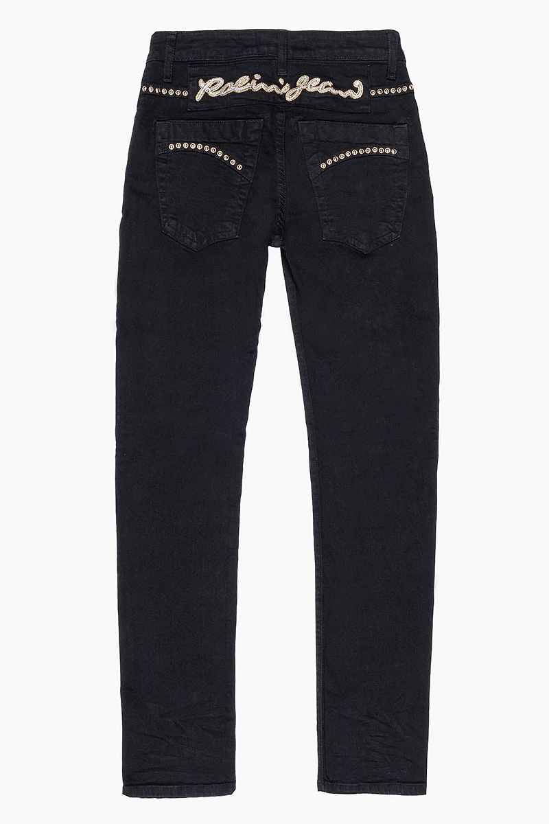 SKINNY JEAN PURE BLACK WITH GOLD/SILVER ROBIN’S LOGO EMBELLISHED GOLD NAILHEAD STUDS