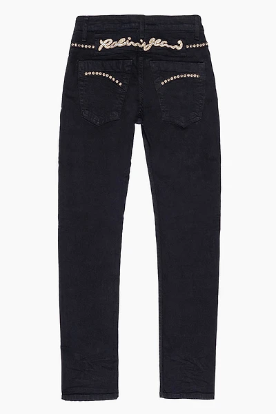 SKINNY JEAN PURE BLACK WITH GOLD/SILVER  ROBIN’S LOGO EMBELLISHED GOLD NAILHEAD STUDS