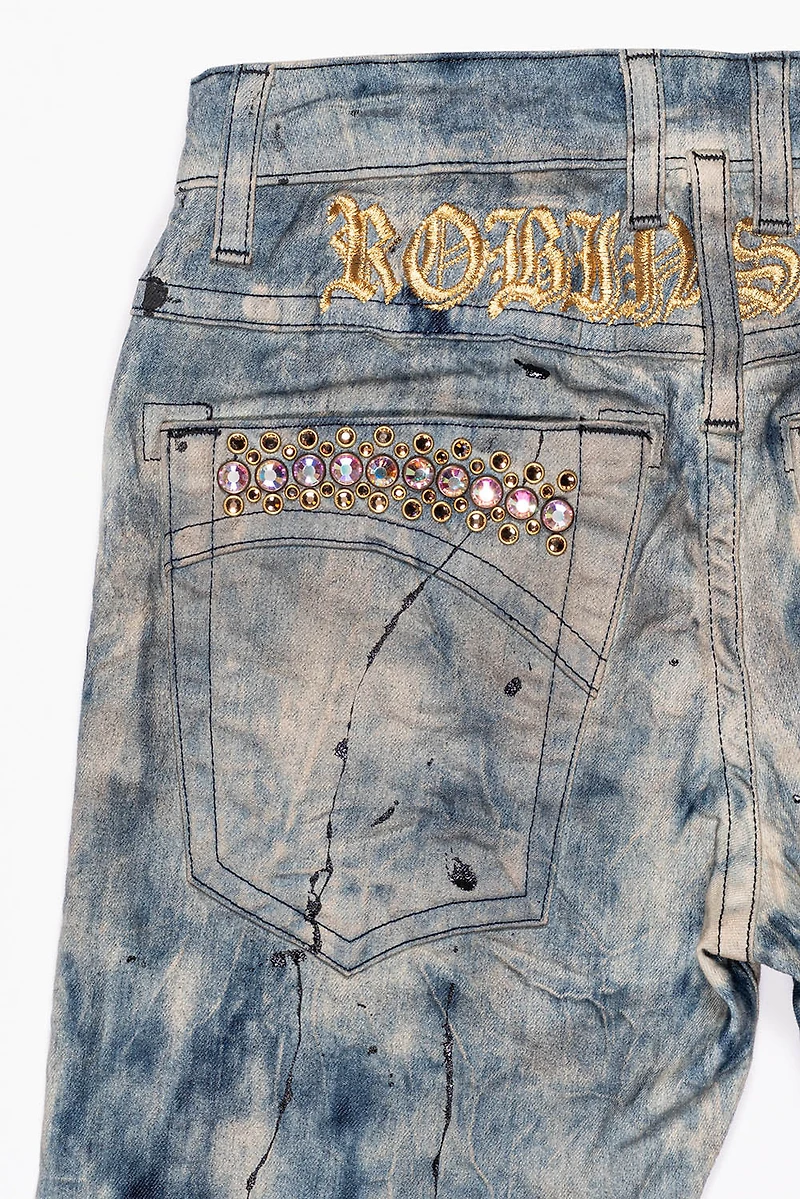 SKINNY MENS JEANS FROZEN WASH WITH AB CRYSTAL AND SMOKY TOPAZ  CRYSTALS