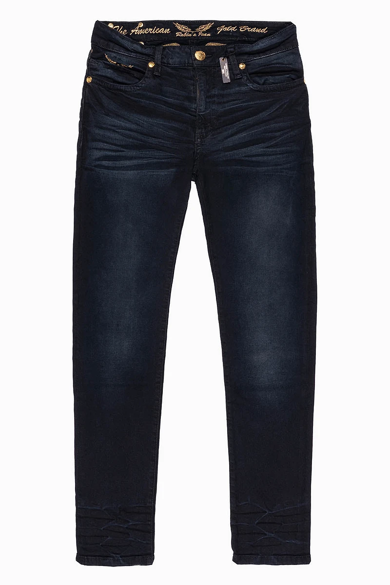SKINNY MENS JEANS F_D UP BLACK WASH WITH RED AND GOLD AURUM CRYSTALS