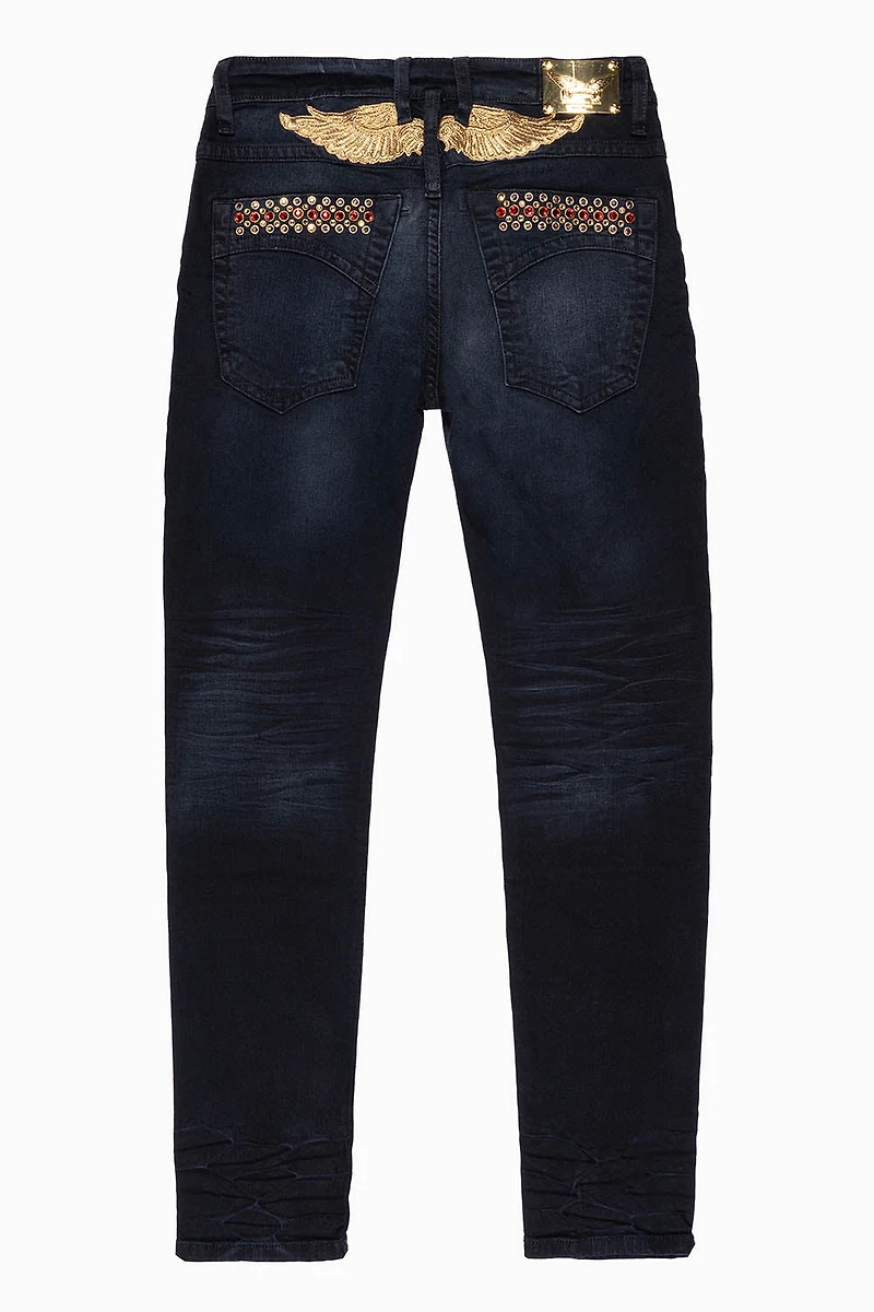 SKINNY MENS JEANS F_D UP BLACK WASH WITH RED AND GOLD AURUM CRYSTALS