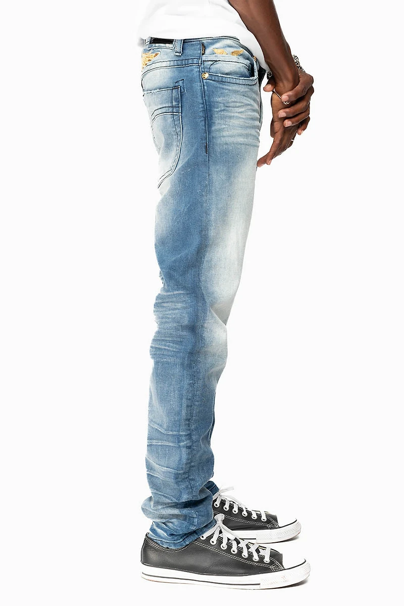 MENS SKINNY JEANS OMAHA MEDIUM WASH WITH GOLD WING EMBROIDERY