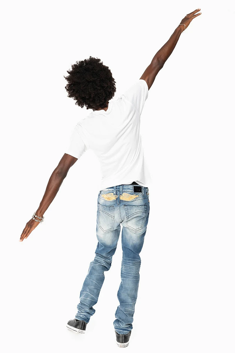 MENS SKINNY JEANS OMAHA MEDIUM WASH WITH GOLD WING EMBROIDERY