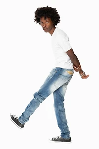 MENS SKINNY JEANS OMAHA MEDIUM WASH WITH GOLD WING EMBROIDERY