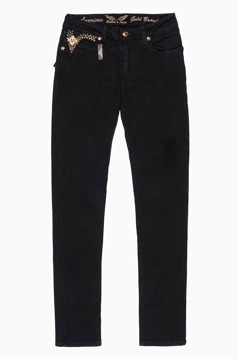 KILLER FLAP MENS SKINNY JEANS PURE BLK  EMBELLISHED WITH CRYSTALS AND JEWEL BROOCH