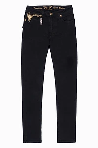 KILLER FLAP MENS SKINNY JEANS PURE BLK  EMBELLISHED WITH CRYSTALS AND JEWEL BROOCH