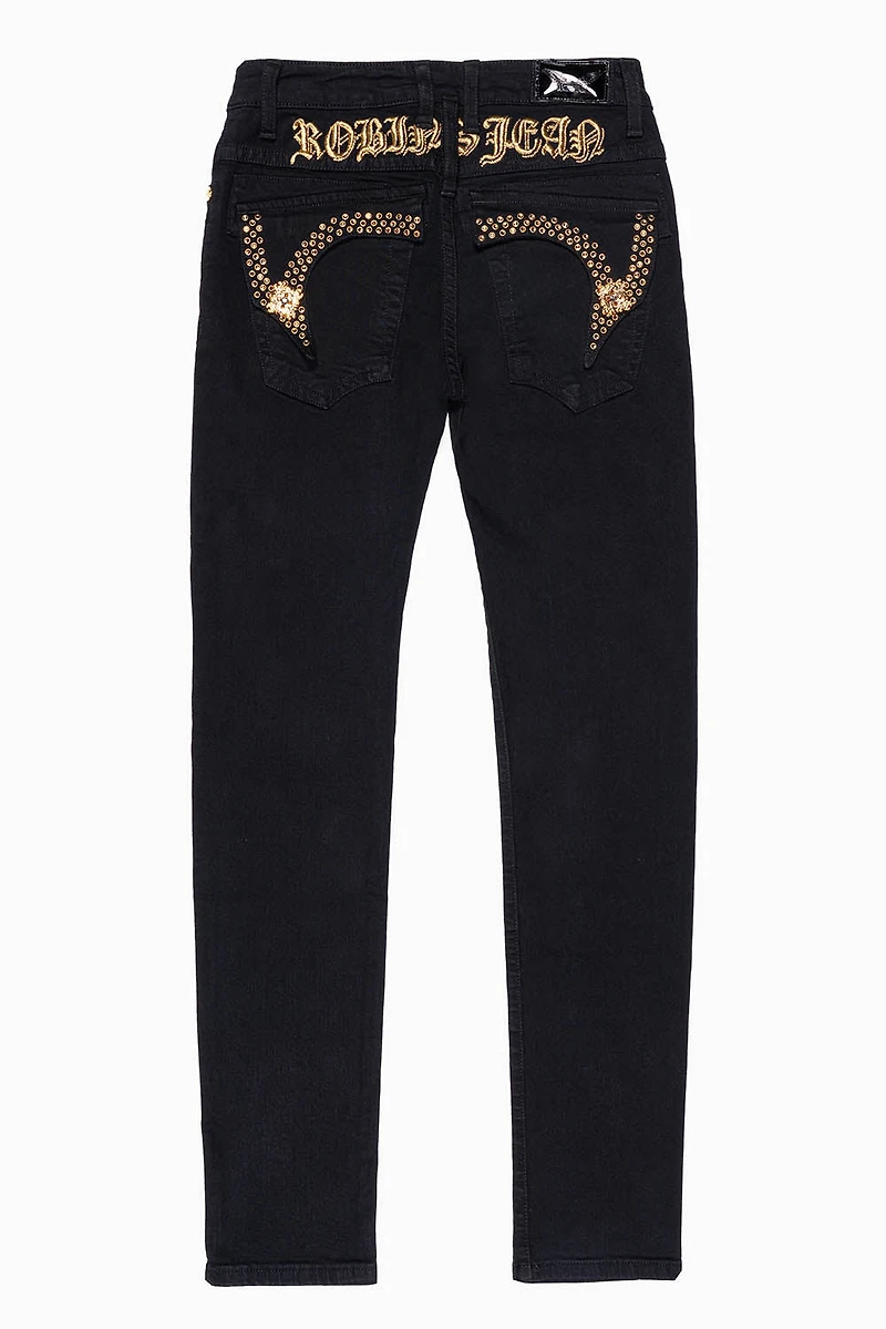 KILLER FLAP MENS SKINNY JEANS PURE BLK EMBELLISHED WITH CRYSTALS AND JEWEL BROOCH