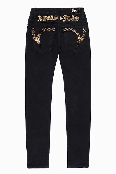 KILLER FLAP MENS SKINNY JEANS PURE BLK  EMBELLISHED WITH CRYSTALS AND JEWEL BROOCH
