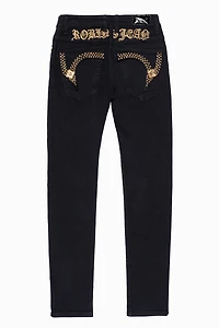 KILLER FLAP MENS SKINNY JEANS PURE BLK  EMBELLISHED WITH CRYSTALS AND JEWEL BROOCH