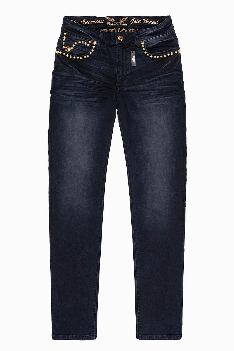 MENS F-UP BLACK SLIM FIT KILLER FLAP JEANS WITH O.E. SCRIPT EMBELLISHED GOLD NAILHEADS