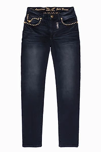 MENS F-UP BLACK SLIM FIT KILLER FLAP JEANS WITH O.E. SCRIPT EMBELLISHED GOLD NAILHEADS