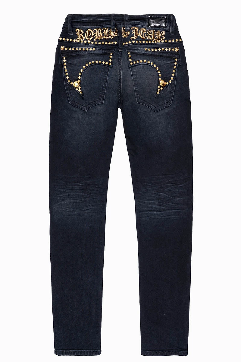 MENS F-UP BLACK SLIM FIT KILLER FLAP JEANS WITH O.E. SCRIPT EMBELLISHED GOLD NAILHEADS