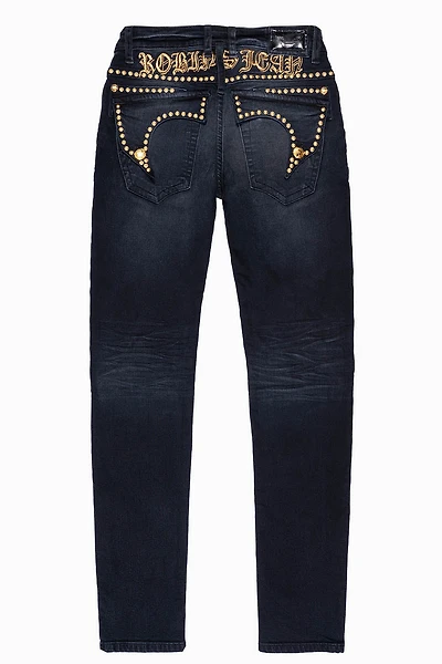 MENS F-UP BLACK SLIM FIT KILLER FLAP JEANS WITH O.E. SCRIPT EMBELLISHED GOLD NAILHEADS