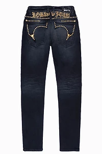 MENS F-UP BLACK SLIM FIT KILLER FLAP JEANS WITH O.E. SCRIPT EMBELLISHED GOLD NAILHEADS