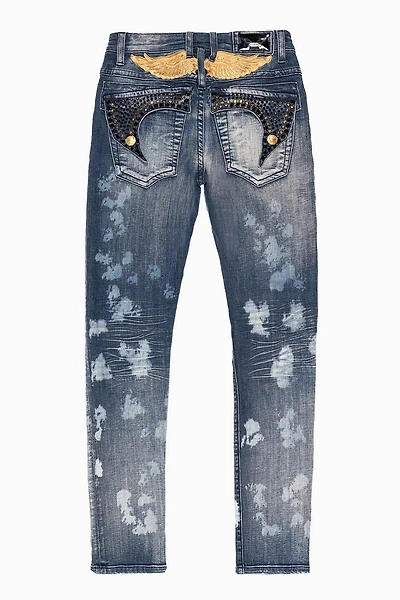 KILLER FLAP MENS SKINNY JEANS NEW JAPAN MEDIUM WASH  WITH GOLD WINGS EMBELLISHED CRYSTALS