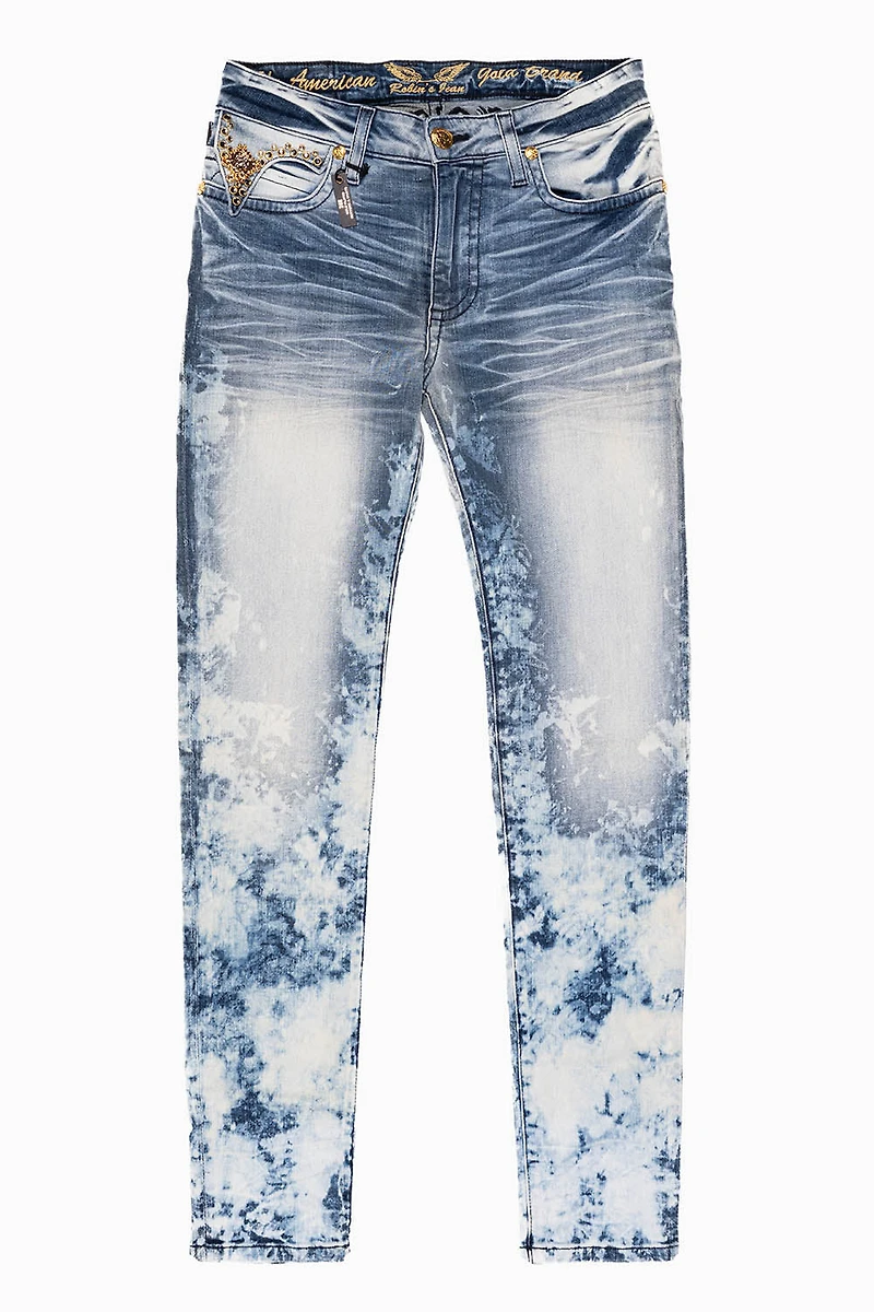 KILLER FLAP MENS SKINNY JEANS BLUE CLOUD JAPAN EMBELLISHED WITH  CRYSTALS AND JEWEL BROOCH