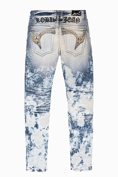 KILLER FLAP MENS SKINNY JEANS BLUE CLOUD JAPAN EMBELLISHED WITH  CRYSTALS AND JEWEL BROOCH
