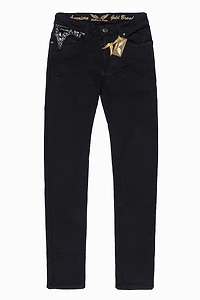 KILLER FLAP MENS SKINNY JEANS PURE BLACK WASH WITH BLK CROCODILE FLAPS AND  CRYSTALS