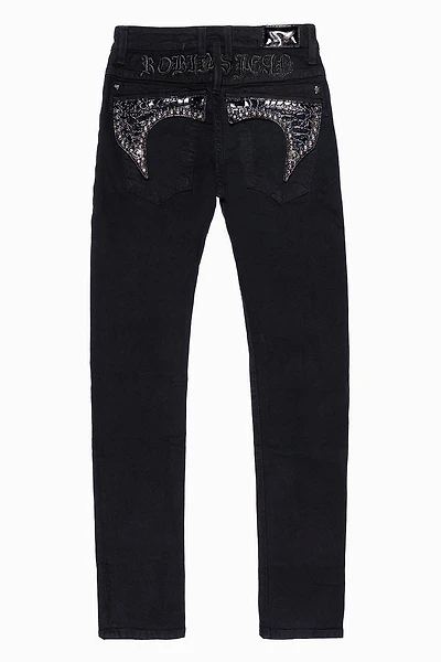 KILLER FLAP MENS SKINNY JEANS PURE BLACK WASH WITH BLK CROCODILE FLAPS AND  CRYSTALS