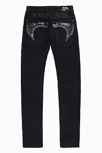 KILLER FLAP MENS SKINNY JEANS PURE BLACK WASH WITH BLK CROCODILE FLAPS AND  CRYSTALS