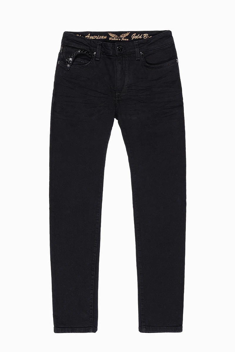 KILLER FLAP SKINNY JEANS PURE BLACK  WASH WITH JET CRYSTALS