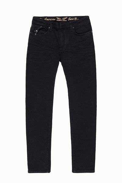 KILLER FLAP SKINNY JEANS PURE BLACK  WASH WITH JET CRYSTALS