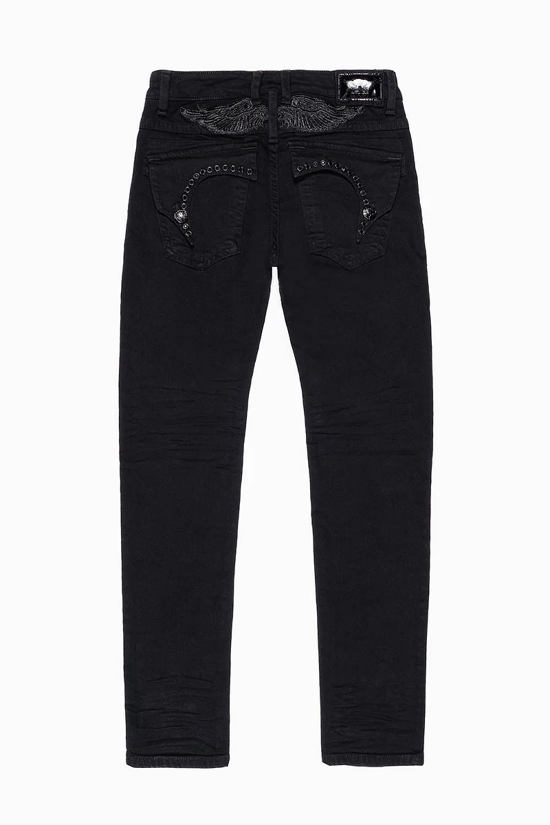 KILLER FLAP SKINNY JEANS PURE BLACK  WASH WITH JET CRYSTALS