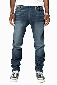 KILLER FLAP MENS SKINNY JEANS DARK BLUE WITH GOLD WINGS AND FULL CRYSTAL