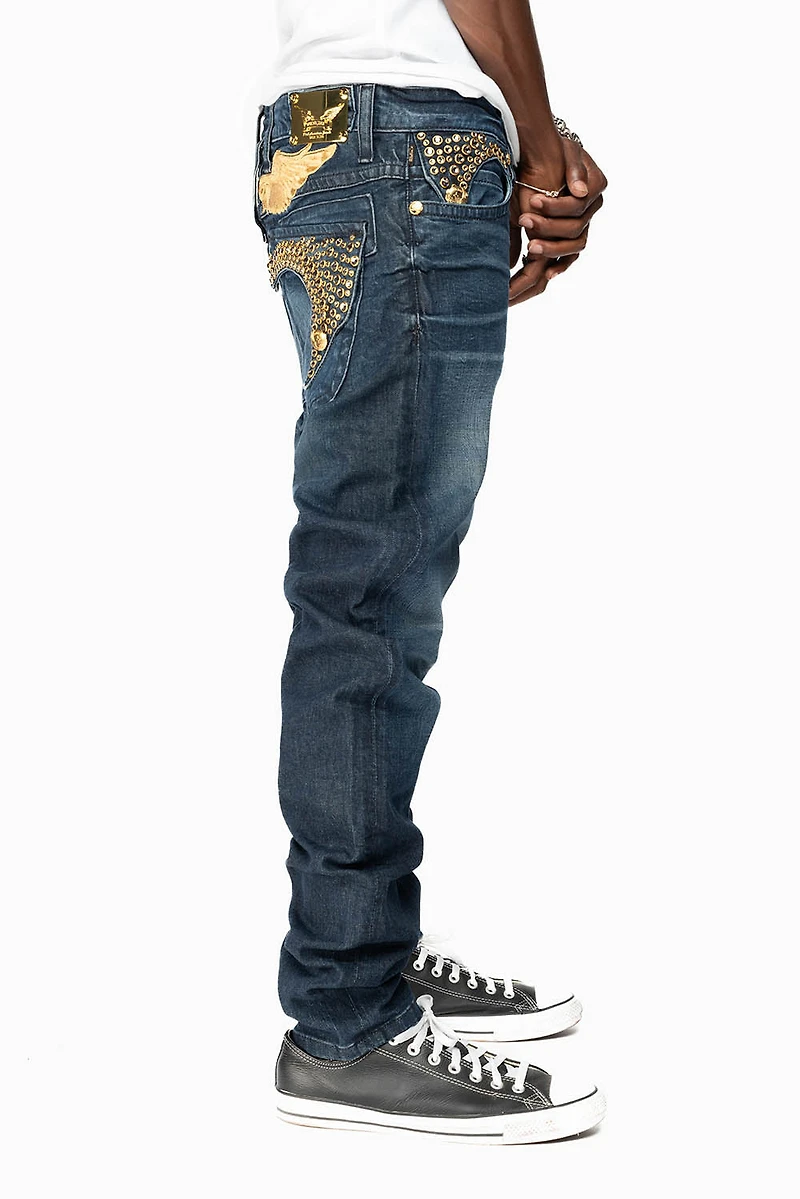 KILLER FLAP MENS SKINNY JEANS DARK BLUE WITH GOLD WINGS AND FULL CRYSTAL
