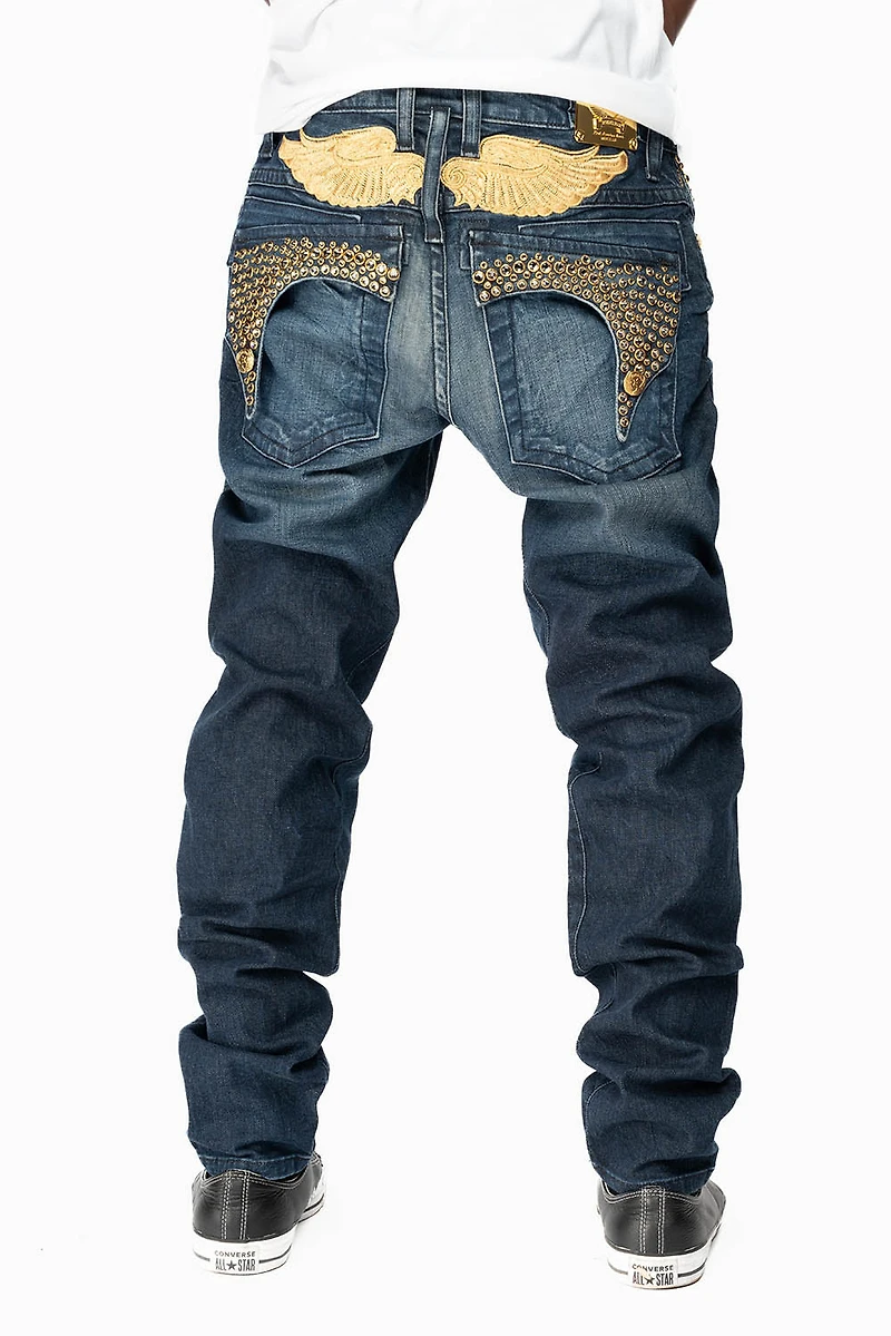 KILLER FLAP MENS SKINNY JEANS DARK BLUE WITH GOLD WINGS AND FULL CRYSTAL