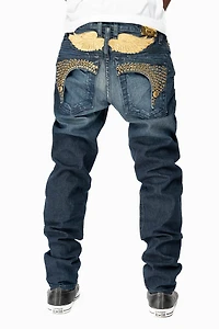 KILLER FLAP MENS SKINNY JEANS DARK BLUE WITH GOLD WINGS AND FULL CRYSTAL
