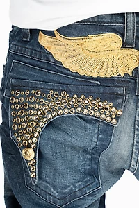 KILLER FLAP MENS SKINNY JEANS DARK BLUE WITH GOLD WINGS AND FULL CRYSTAL