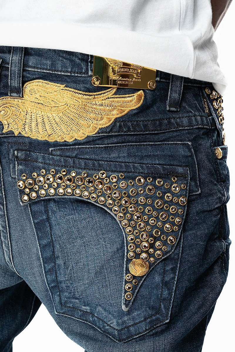 KILLER FLAP MENS SKINNY JEANS DARK BLUE WITH GOLD WINGS AND FULL CRYSTAL