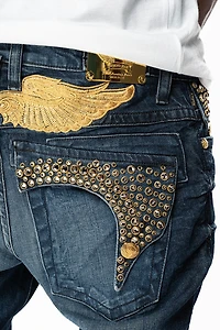 KILLER FLAP MENS SKINNY JEANS DARK BLUE WITH GOLD WINGS AND FULL CRYSTAL