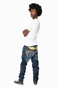 KILLER FLAP MENS SKINNY JEANS DARK BLUE WITH GOLD WINGS AND FULL CRYSTAL