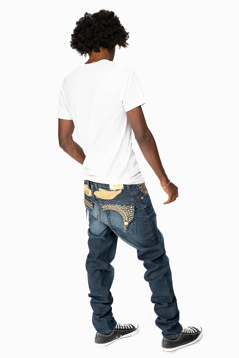 KILLER FLAP MENS SKINNY JEANS DARK BLUE WITH GOLD WINGS AND FULL CRYSTAL