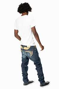 KILLER FLAP MENS SKINNY JEANS DARK BLUE WITH GOLD WINGS AND FULL CRYSTAL