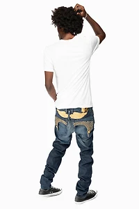 KILLER FLAP MENS SKINNY JEANS DARK BLUE WITH GOLD WINGS AND FULL CRYSTAL