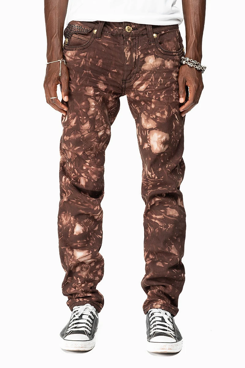 KILLER FLAP MENS SKINNY JEANS ASTRO BROWN WITH GOTHIC EMBROIDERY AND CRYSTALS