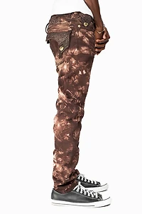 KILLER FLAP MENS SKINNY JEANS ASTRO BROWN WITH GOTHIC EMBROIDERY AND CRYSTALS