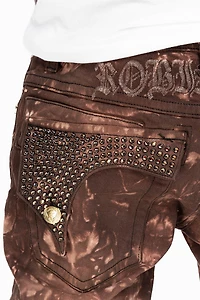 KILLER FLAP MENS SKINNY JEANS ASTRO BROWN WITH GOTHIC EMBROIDERY AND CRYSTALS