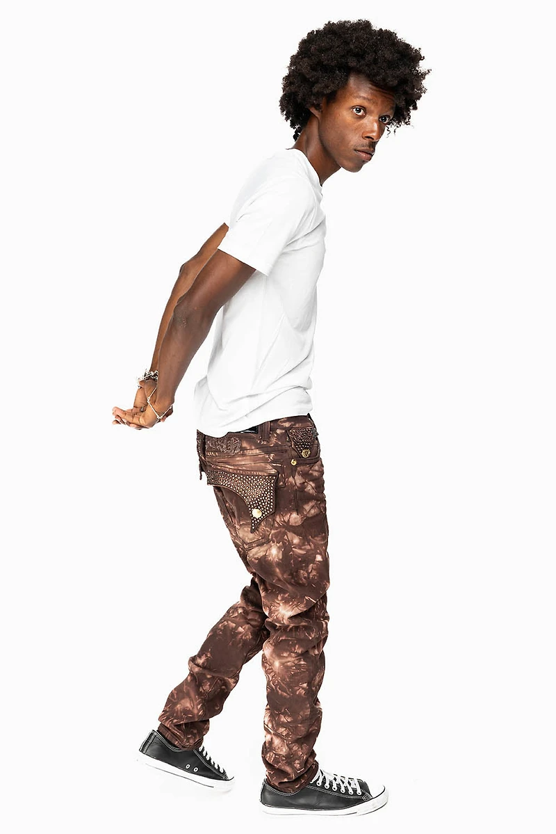 KILLER FLAP MENS SKINNY JEANS ASTRO BROWN WITH GOTHIC EMBROIDERY AND CRYSTALS