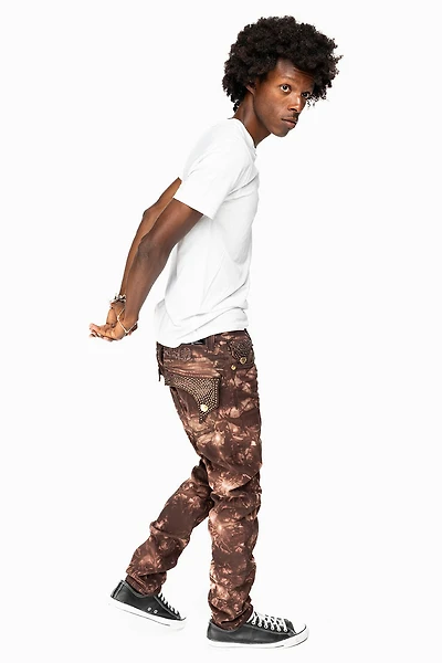 KILLER FLAP MENS SKINNY JEANS ASTRO BROWN WITH GOTHIC EMBROIDERY AND CRYSTALS